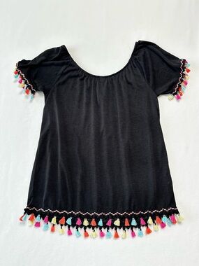 Time and Tru Boho Tassel Blouse Womens Medium Black Colorful Trim Short Sleeve